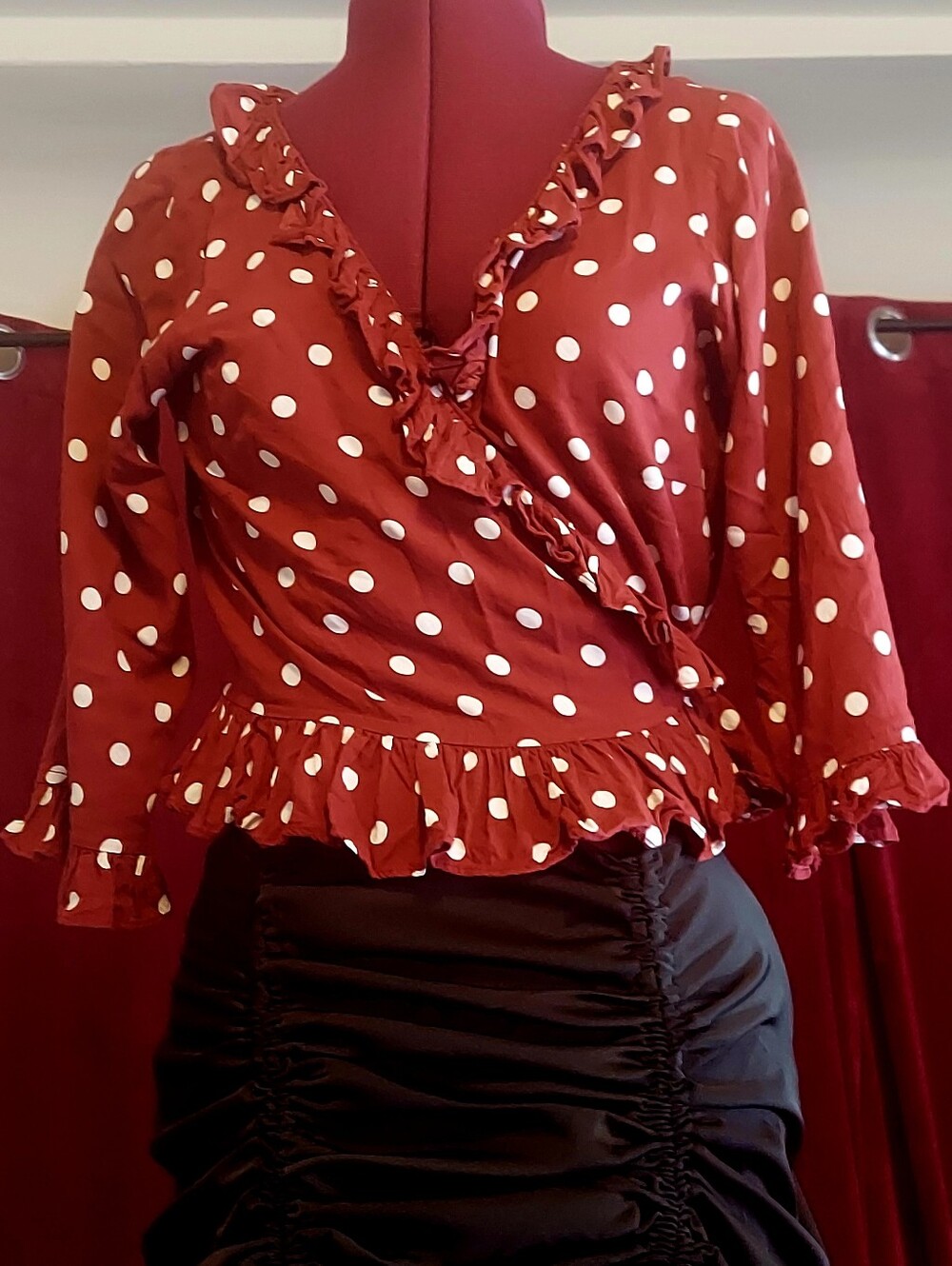 Motel Burgandy/White Polka Dot 3/4 Sleeve Wrap Top - Size M